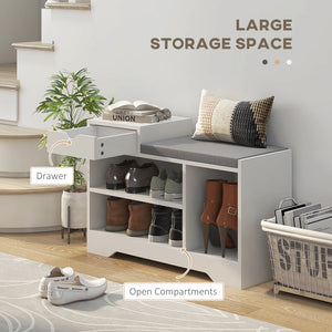 Upholstered Shoe Storage Bench, Hallway Shoe Storage with Seat, Drawer, 3 Open Shelves for Entryway, Grey – view 17