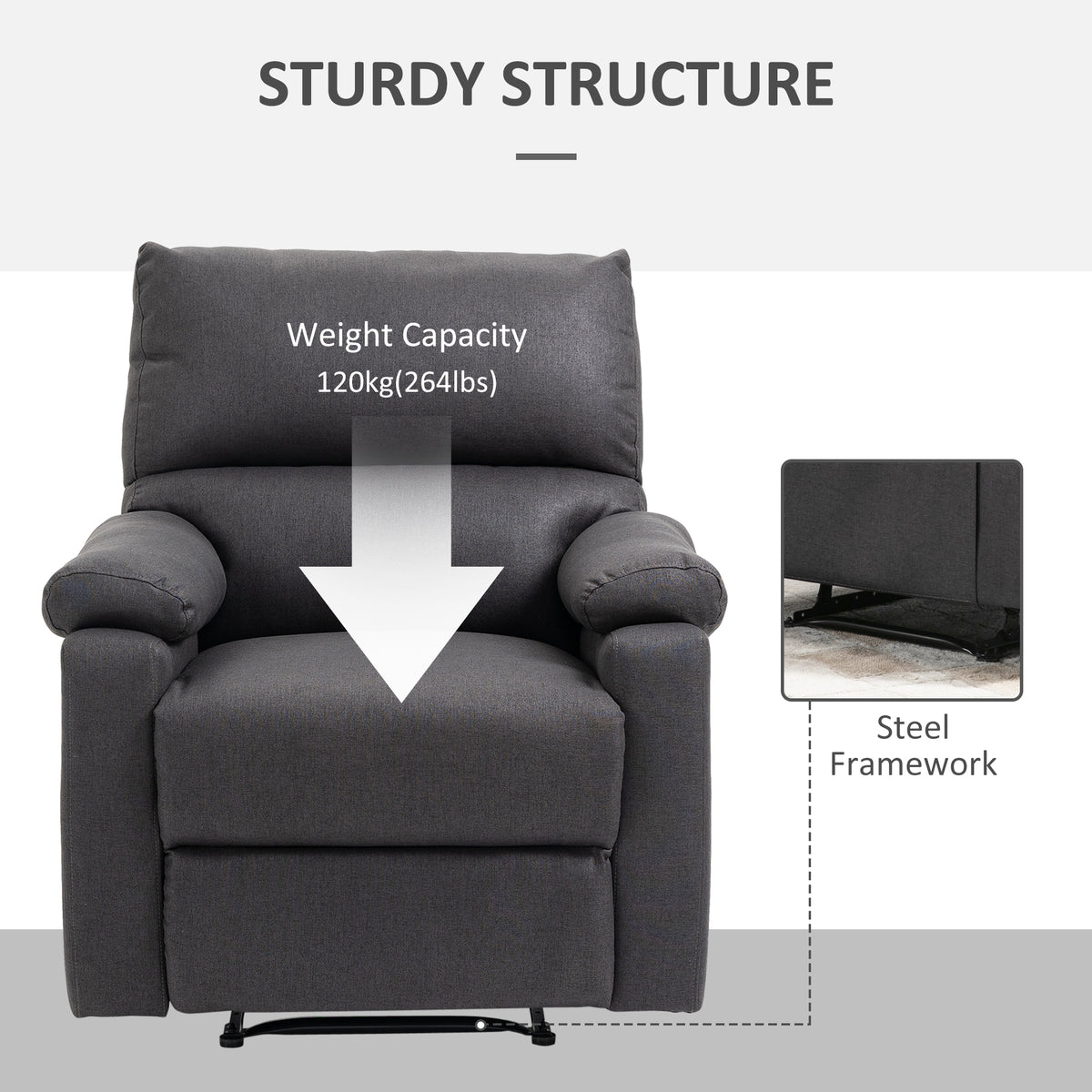 Recliner Chair, Manual Reclining Chair with Footrest, Padded Seat for Living Room, Bedroom, Study, Dark Grey – view 5