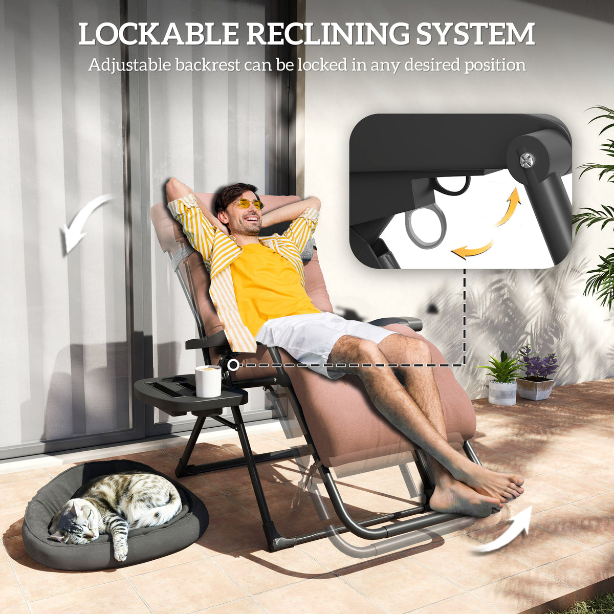 Padded Folding Recliner Chair, Patio Lounger with Cupholder, Adjustable Backrest, Removable Cushion, Black – view 24