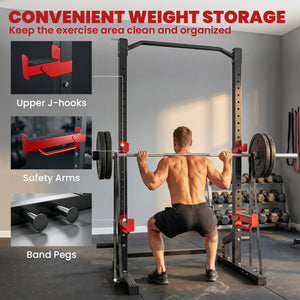 Soozier Power Cage Squat Rack, 1100LB Heavy-Duty Power Rack with Pull-Up Bar, Adjustable J-Hooks, Plates and Barbell Storage