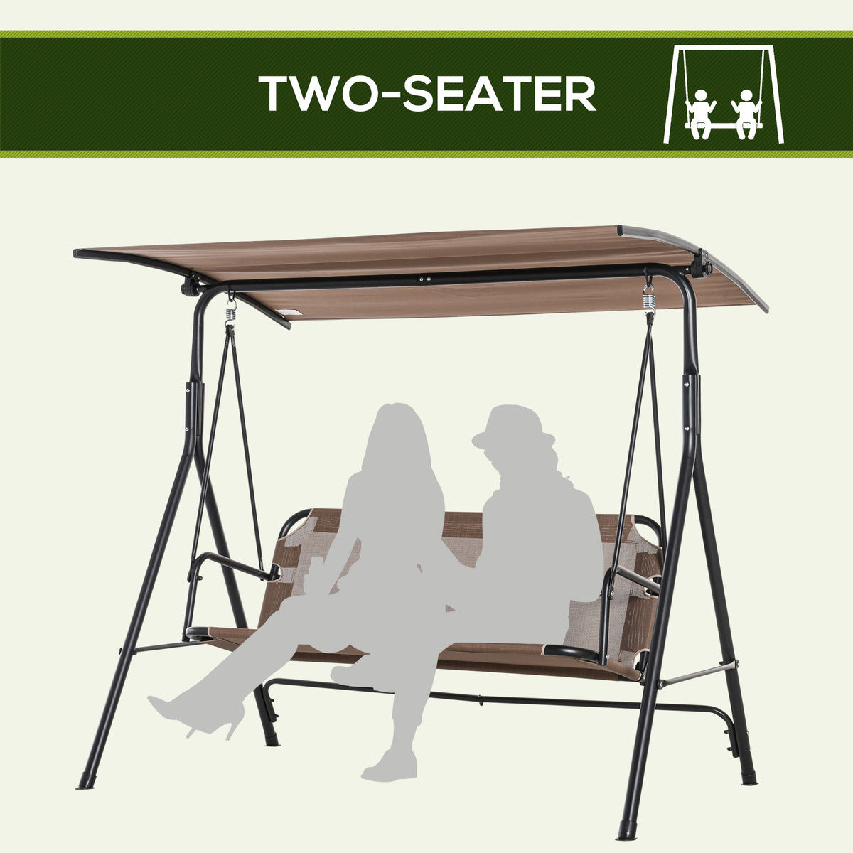 2-Person Porch Swing Chair, 2 Seater Patio Swing Bench w/ Adjustable Canopy, Breathable Seat for Garden – view 10