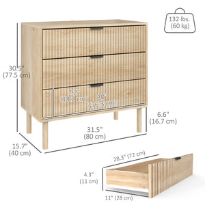 Bedroom Chest of Drawers, 3 Drawer Dresser with Fluted Panels and Solid Wood Legs, Storage Cabinet for Living Room, Oak