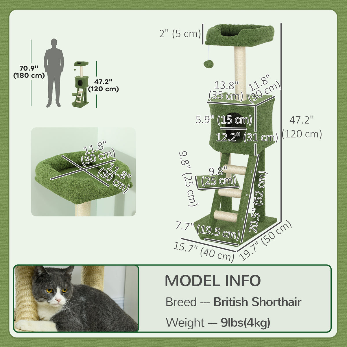 47" Tall Cat Tree Tower with Condo, Ladder, Scratching Posts and Hanging Ball, Light Grey – view 9