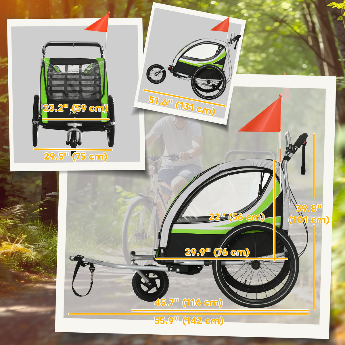 Aosom 3-in-1 Bike Trailer for Kids, Running Stroller with 2 Seats, Jogging Cart with 5-Point Harness, Storage Units