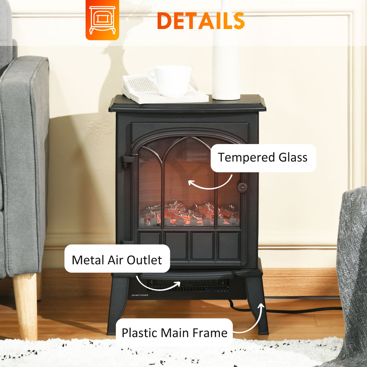 Electric Fireplace Stove, Freestanding Fireplace Heater with Realistic Flame, Adjustable brightness, Overheating Safety System, Black