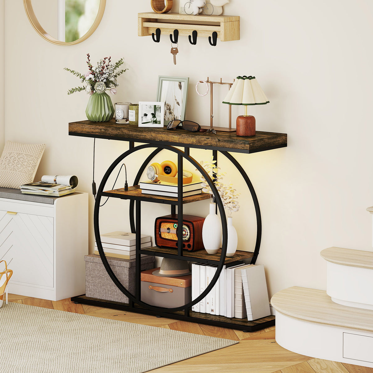 4-Tier Entryway Table with Charging Station LED Lights 39" Console Table with Circle Base for Living Room, Rustic Brown
