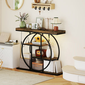 4-Tier Entryway Table with Charging Station LED Lights 39" Console Table with Circle Base for Living Room, Rustic Brown