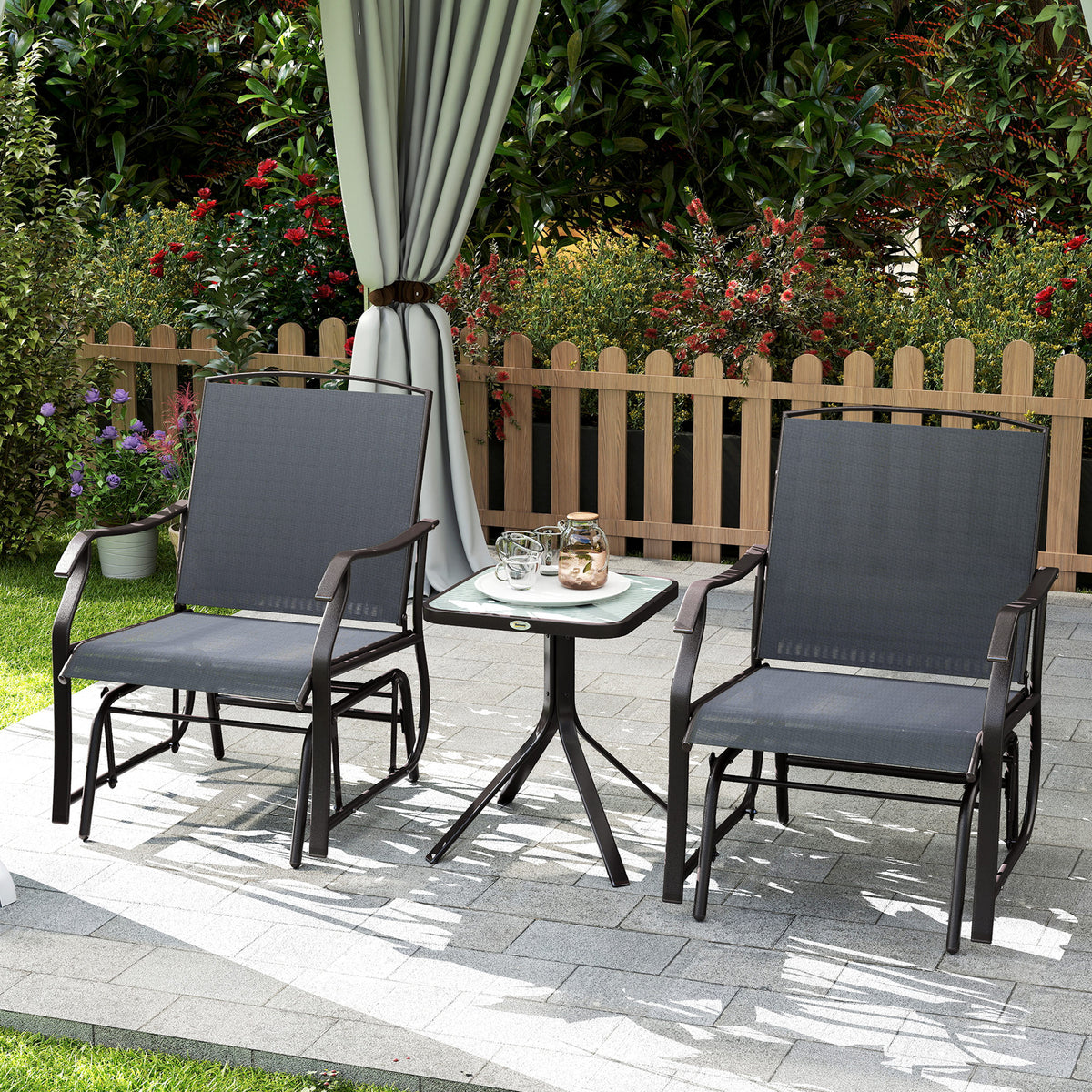 3 Piece Patio Glider Set Outdoor Gliders with Breathable Mesh Seat, Glass Top Table for Garden, Yard, Grey – view 7