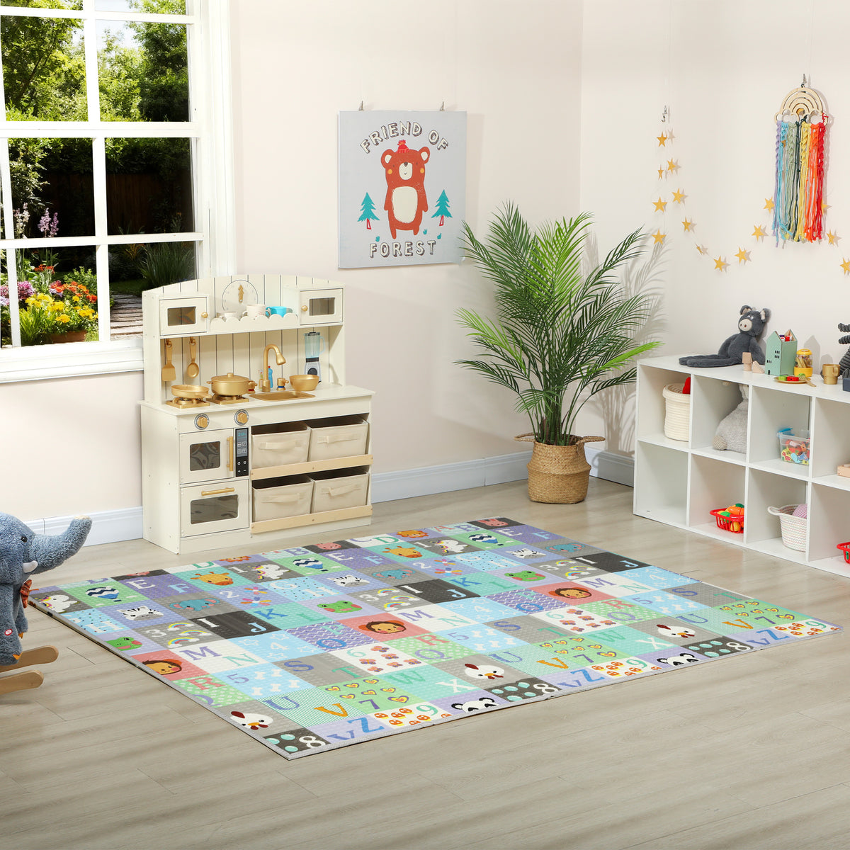 Qaba Foldable Baby Plat Mat, 71" x 59" Kids Floor Mat for Crawling and Learning, Number & Animal Theme