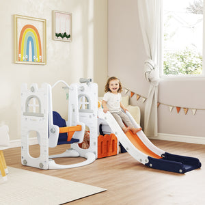 Qaba 6-in-1 Slide and Swing Set Baby Swing Playset Indoor with Basketball Hoop, Climber, Storage Space, Telescope
