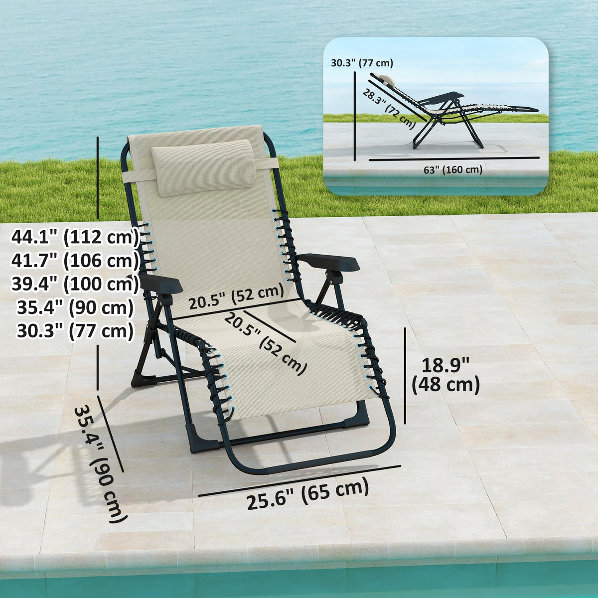 Folding Zero Gravity Chair, 5-Position Adjustable Outdoor Lounge Chair Recliner with Headrest, Beige – view 2