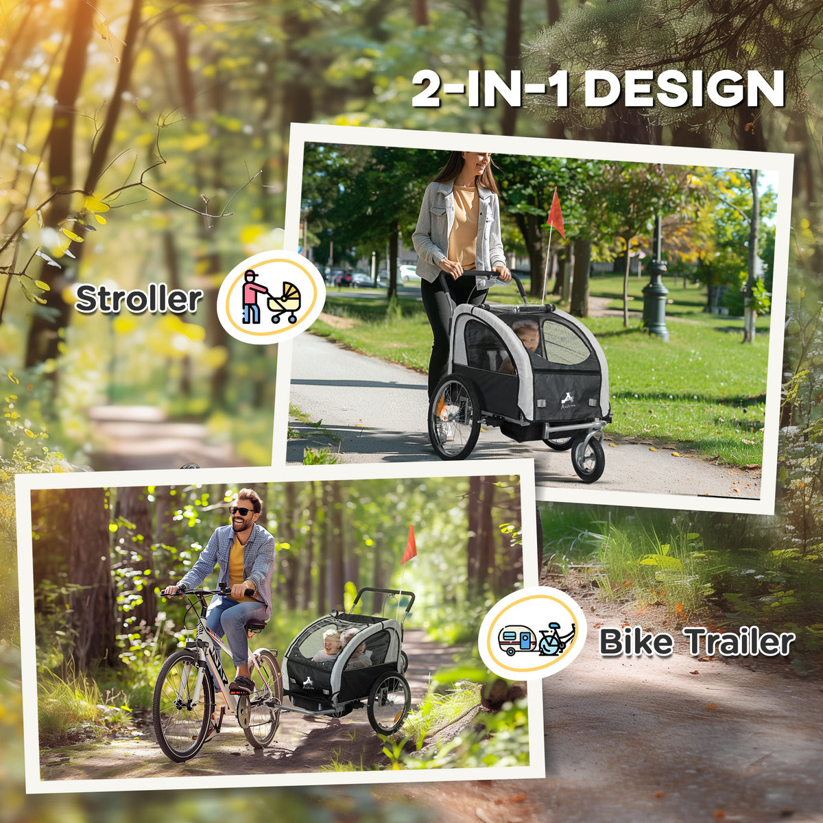 Aosom 2-in-1 Bike Trailer for Kids, Foldable 2-Seat Baby Stroller with 5-Point Harness, Rubber Wheels, Storage Bag