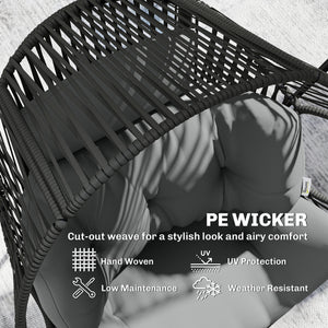 Wicker Egg Chair, Indoor Outdoor Rattan Lounge Chair with Thick Cushion and Headrest, Steel Frame, Adjustable Pads, Grey