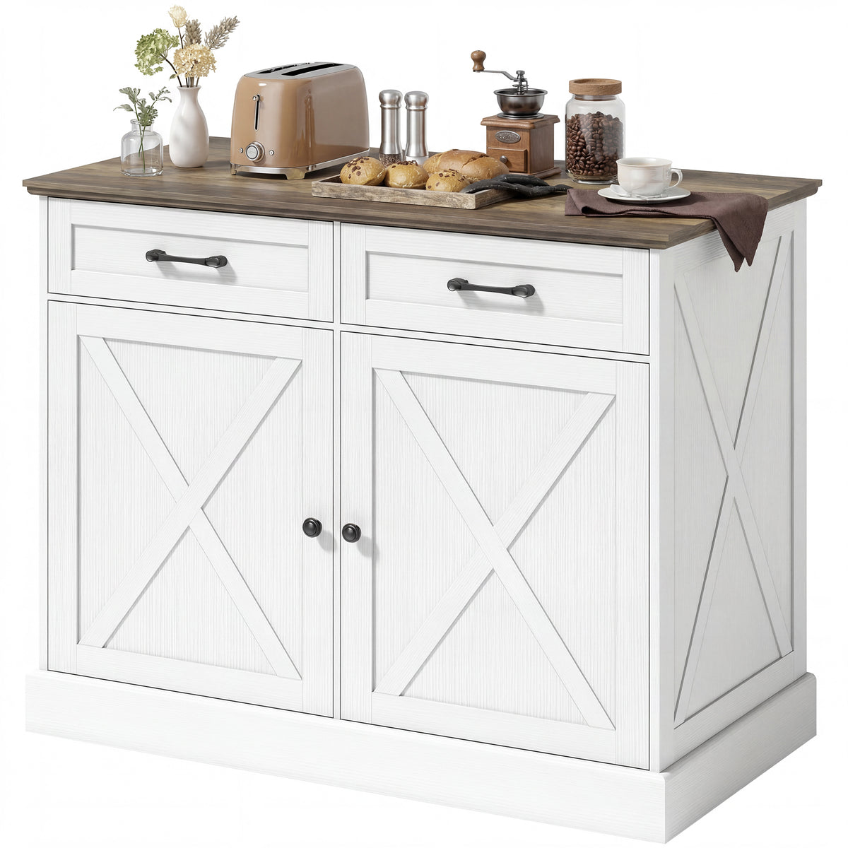 Kitchen Island with Sitting Space, Sideboard Cabinet with 2 Drawers and 2 Adjustable Shelves for Dining Room, White