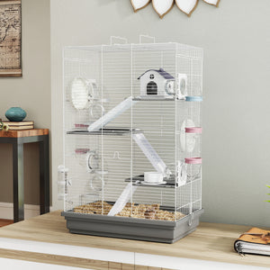 4-Level Large Hamster Cage with DIY Tubes, Water Bottle, Food Dish, Hut, Exercise Wheels, Grey