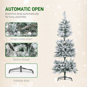 5ft Flocked Christmas Tree with Dual Colour LED Light, Pencil Hinged Xmas Tree with 11 Light Modes, Easy Assembly
