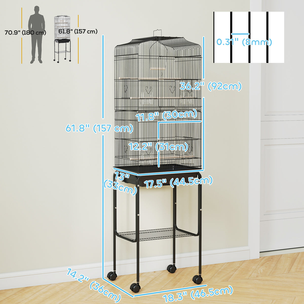 62" Rolling Bird Cage Cockatoo House Play Top Finch Pet Supply with Storage Shelf, Wheels - Black – view 2