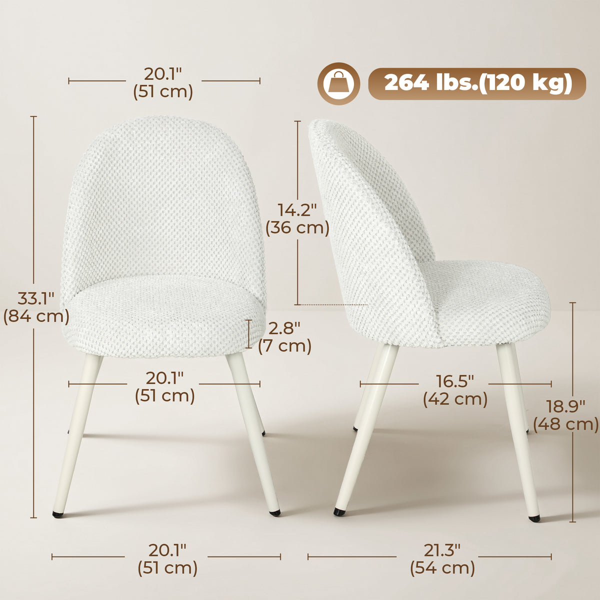 Dining Chairs Velvet Fabric Upholstered Kitchen Chairs Metal Legs Set of 2, Dining Room, Home, White
