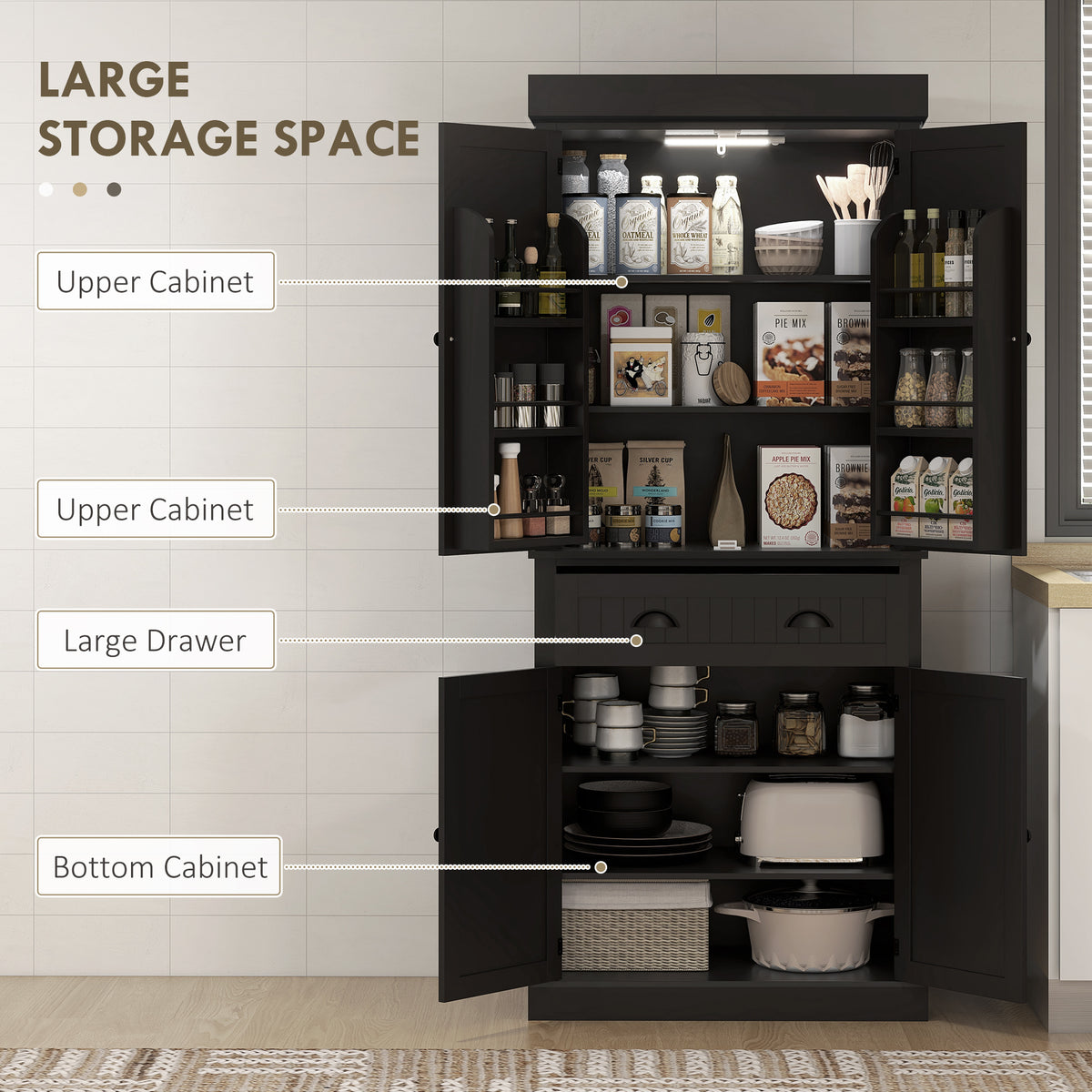 71" Kitchen Pantry Cabinet with LED Lights, 6 Spice Racks, a Drawer and 4 Adjustable Shelves, Black – view 3