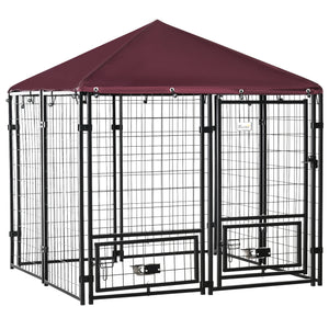 Outdoor Dog Kennel, Lockable Pet Playpen Crate, Welded Wire Steel Fence, Rotating Bowl Holders, Red