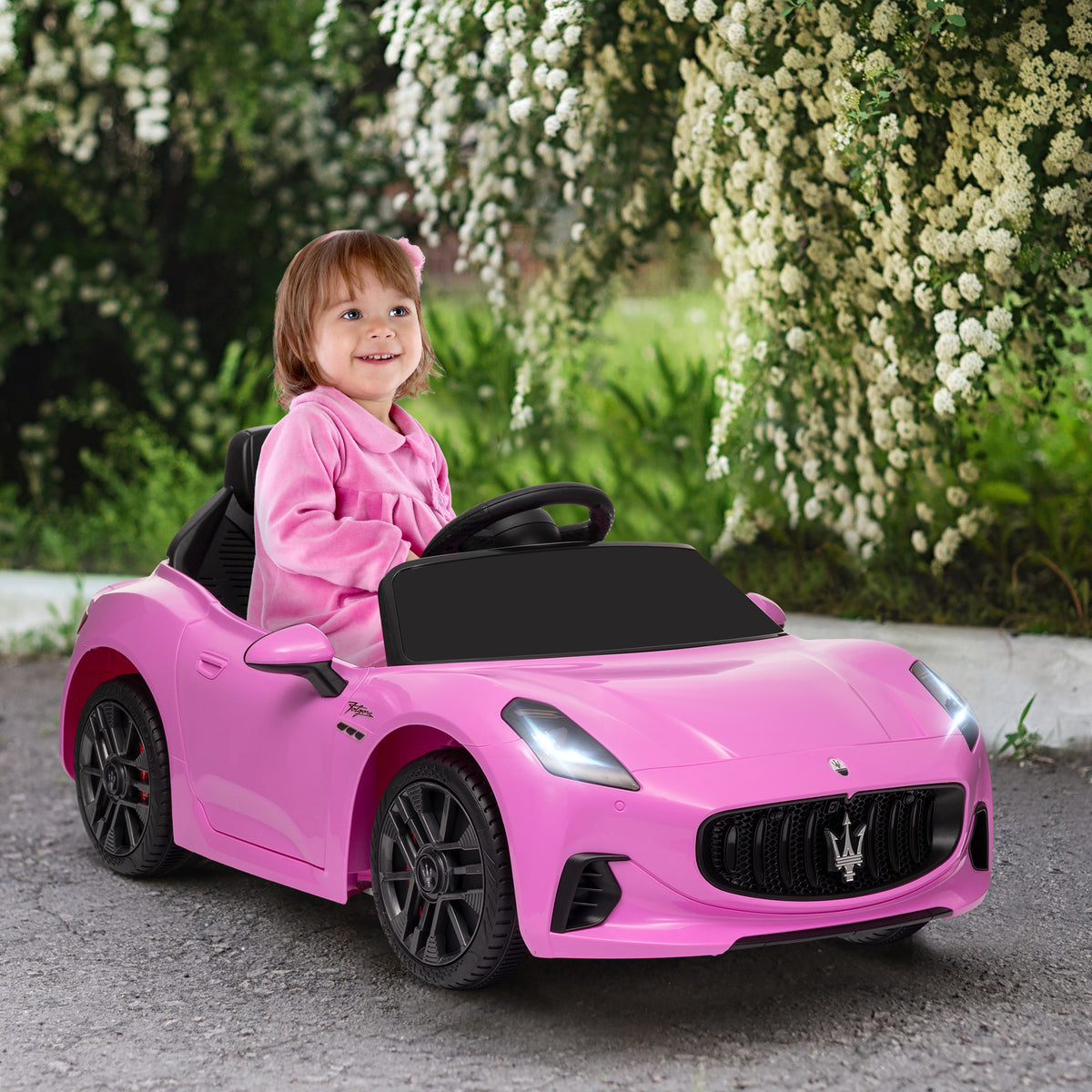 Qaba 12V Maserati Gran Turismo Licensed Kids Electric Car w/ Remote Control, Soft Start, LED Lights, Music, Horn, MP3, Pink