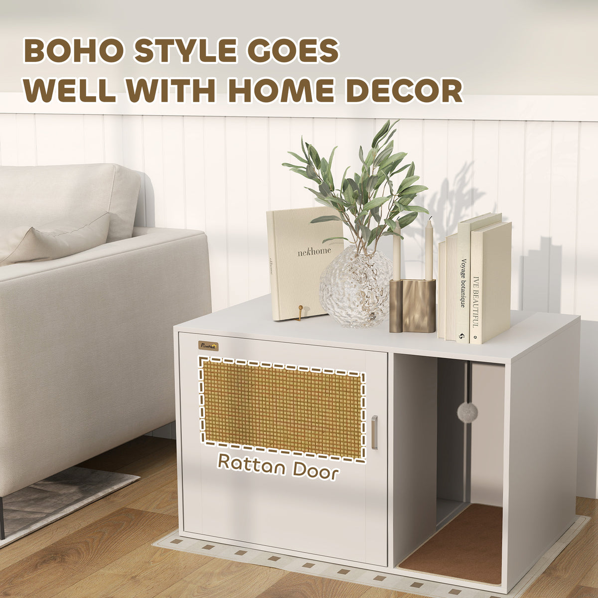 Cat Litter Box Enclosure, Cat Washroom End Side Table with Rattan Door, Scratching Pad, Non-slip Foot Pads – view 12