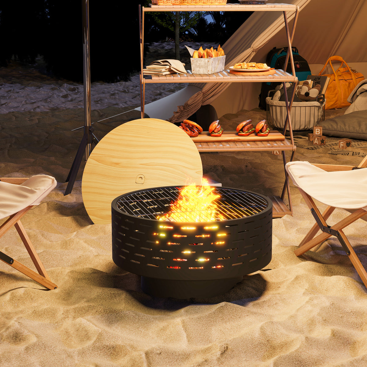 3-in-1 Fire Pit Φ23.8" x 15.4" Outdoor Fire Bowl with Grill Grate, Wood-Effect Fire Basket