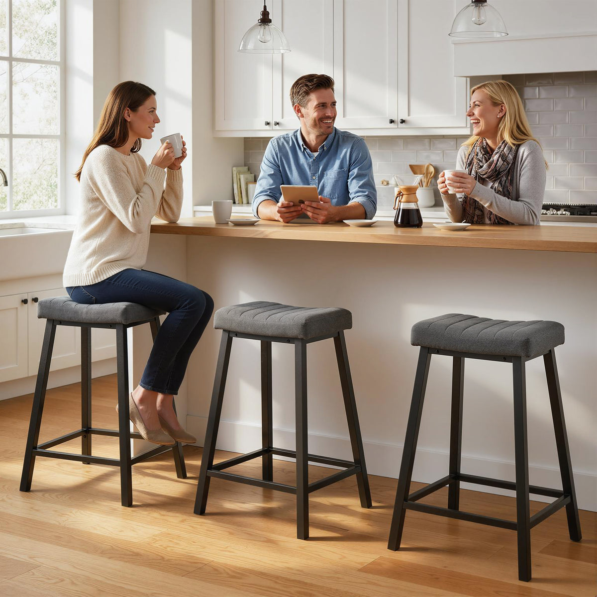 Set of 3 Bar Stools, Velvet Upholstered Counter Stools with Curved Seat and Footrest for Kitchen Island, Grey