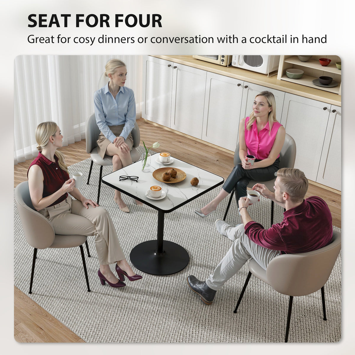 Dining Table for 4, Modern Kitchen Table with Marble Effect Tabletop and Round Base, White
