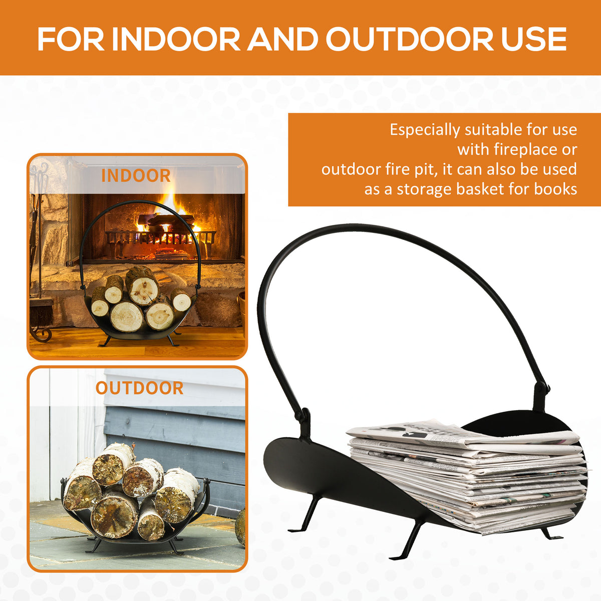 16" Firewood Log Rack Curved Fireplace Log Holder Wood Storage Basket Carrier with Flexible Handle, for Outdoor and Indoor Use, Black