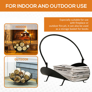 16" Firewood Log Rack Curved Fireplace Log Holder Wood Storage Basket Carrier with Flexible Handle, for Outdoor and Indoor Use, Black