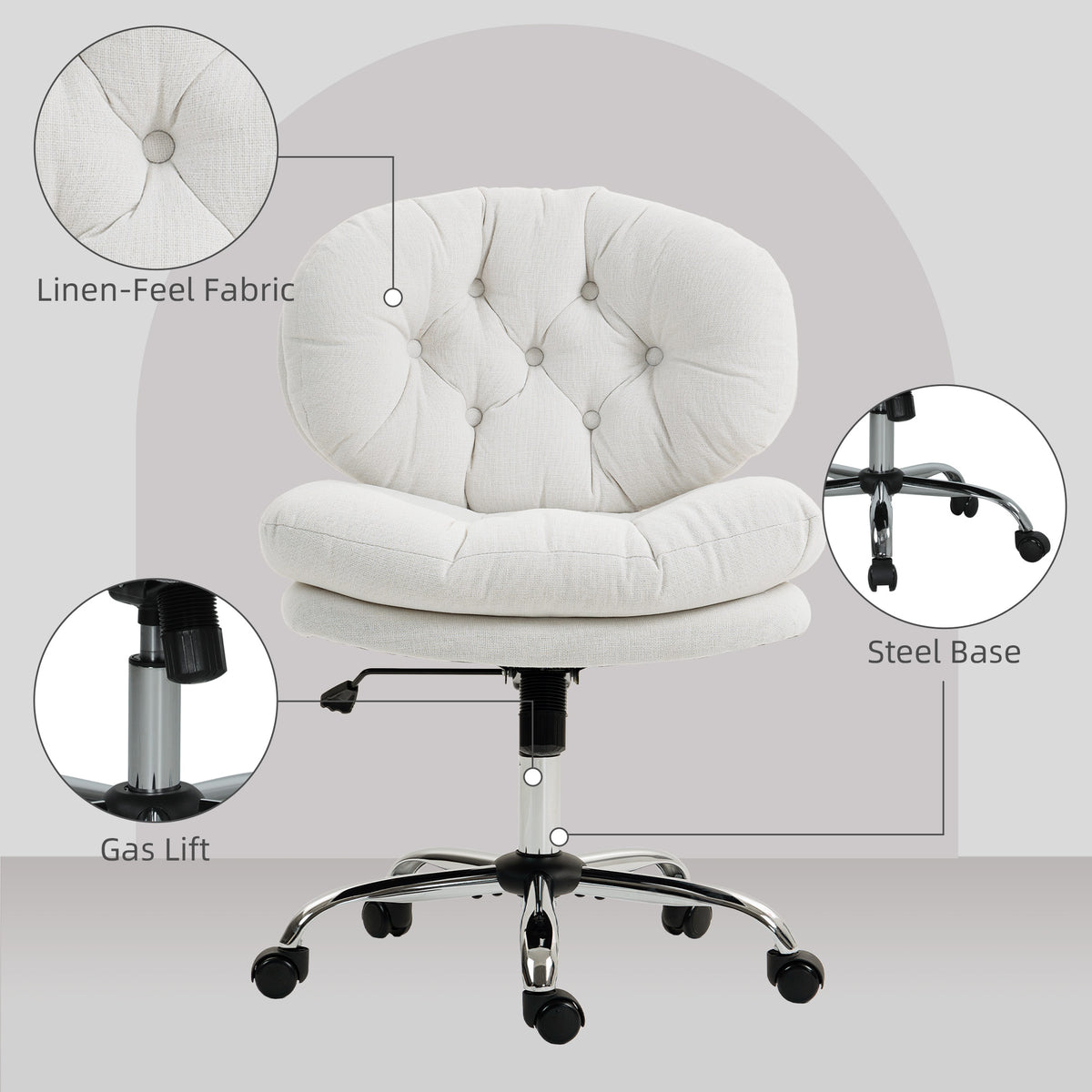 Computer Desk Chair, Armless Office Chair with Wide Padded Seat and Adjustable Height, Cream White – view 18