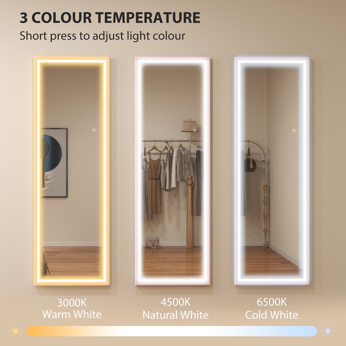 LED Mirror with Dimmable and 3 Colour Lights, 64" x 21" Rectangular Full Body Mirror for Bedroom Living Room, Pink