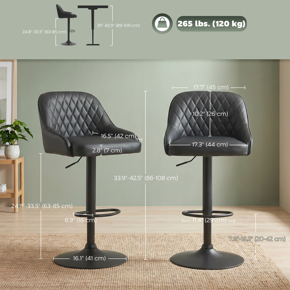 Bar Stools Adjustable Swivel Kitchen Chairs with Backrest Set of 2 for Kitchen Island Black