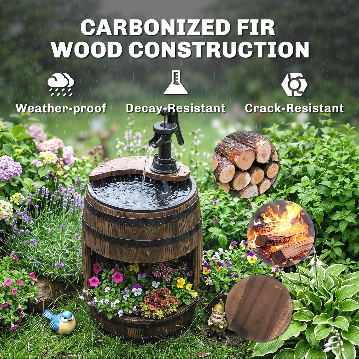 Wooden Outdoor Fountain, Electrical Barrel Waterfall with 3600r/min Speed Pump for Patio, Backyard, Carbonized
