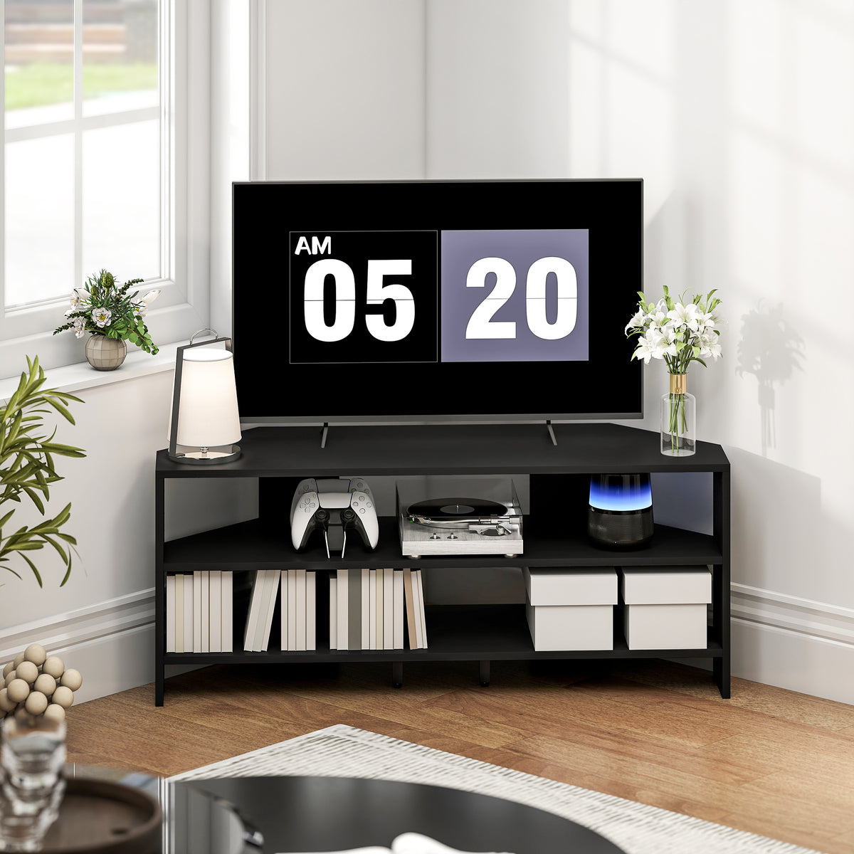 Corner TV Stand, Modern TV Table with 2 Open Shelves for 47 Inch TV, Entertainment Center for Living Room, Black