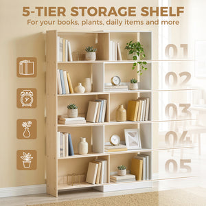 Corner Bookshelf, 5-Tier L-Shaped Bookcase with 350° Rotating Design, Two-Tone Design, Fruitwood/White