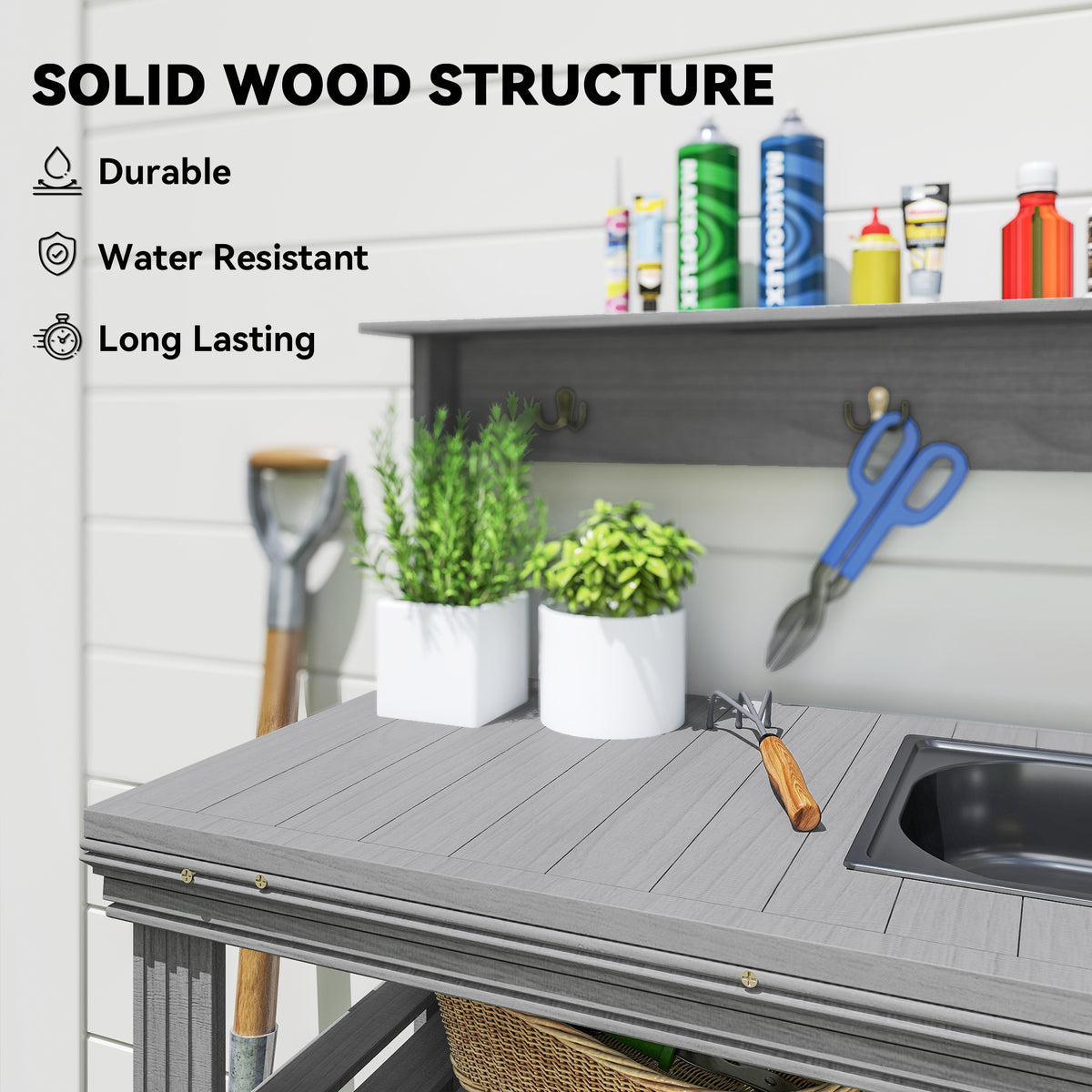 Outdoor Potting Bench Table with Faucet, Removable Sink, Hooks and Storage Shelves – view 5