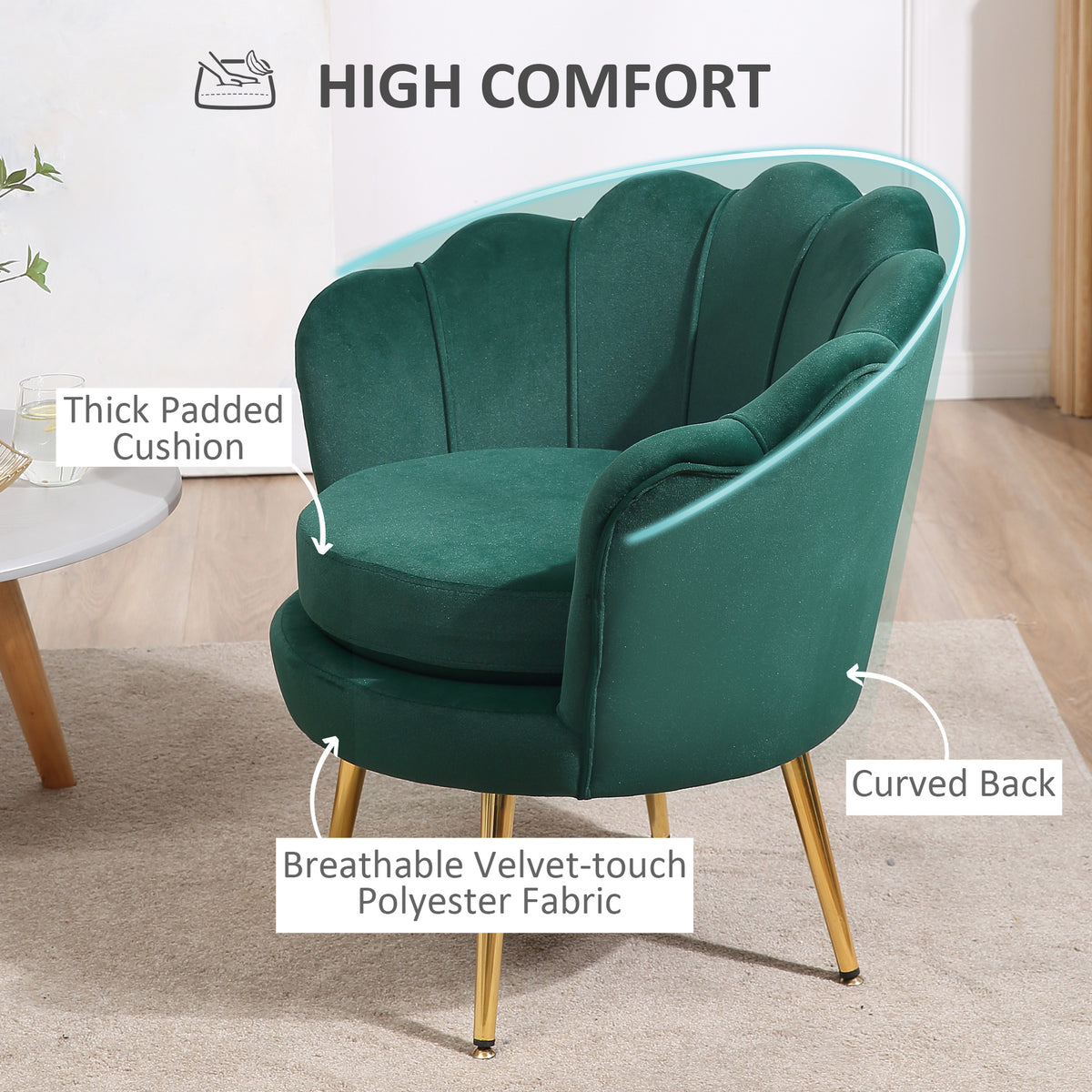 Modern Accent Chair, Velvet-Touch Fabric Leisure Club Chair with Gold Metal Legs for Bedroom, Dark Green – view 4