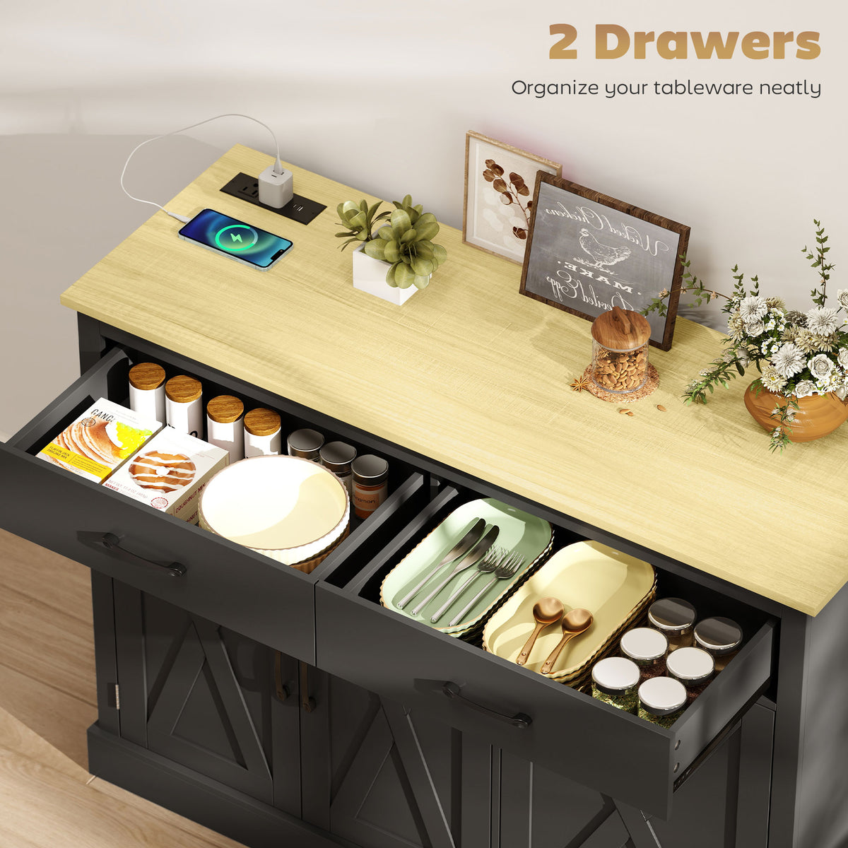 7 Gallon Tilt Out Garbage Cabinet, Kitchen Island with Charging Station, 2 Drawers, 4 Door Racks, Black – view 5
