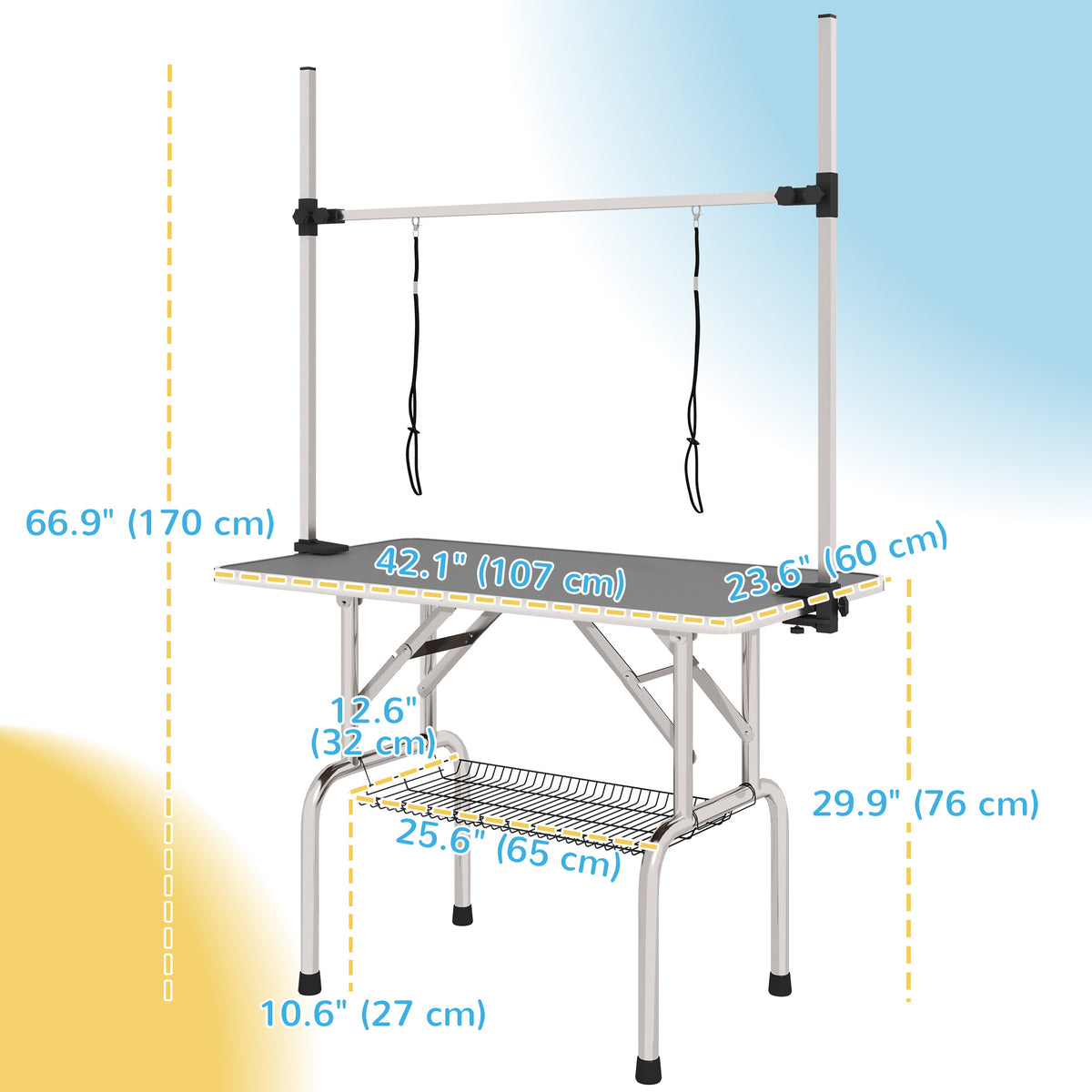 Adjustable Dog Grooming Table with 2 Safety Slings, Storage Basket, Black – view 16
