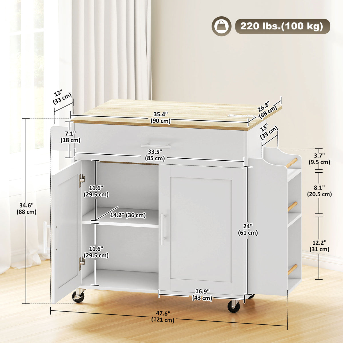 Kitchen Island with Storage, Rolling Kitchen Cart with Foldable Drop Leaf, Power Outlet and USB Ports, Black – view 9
