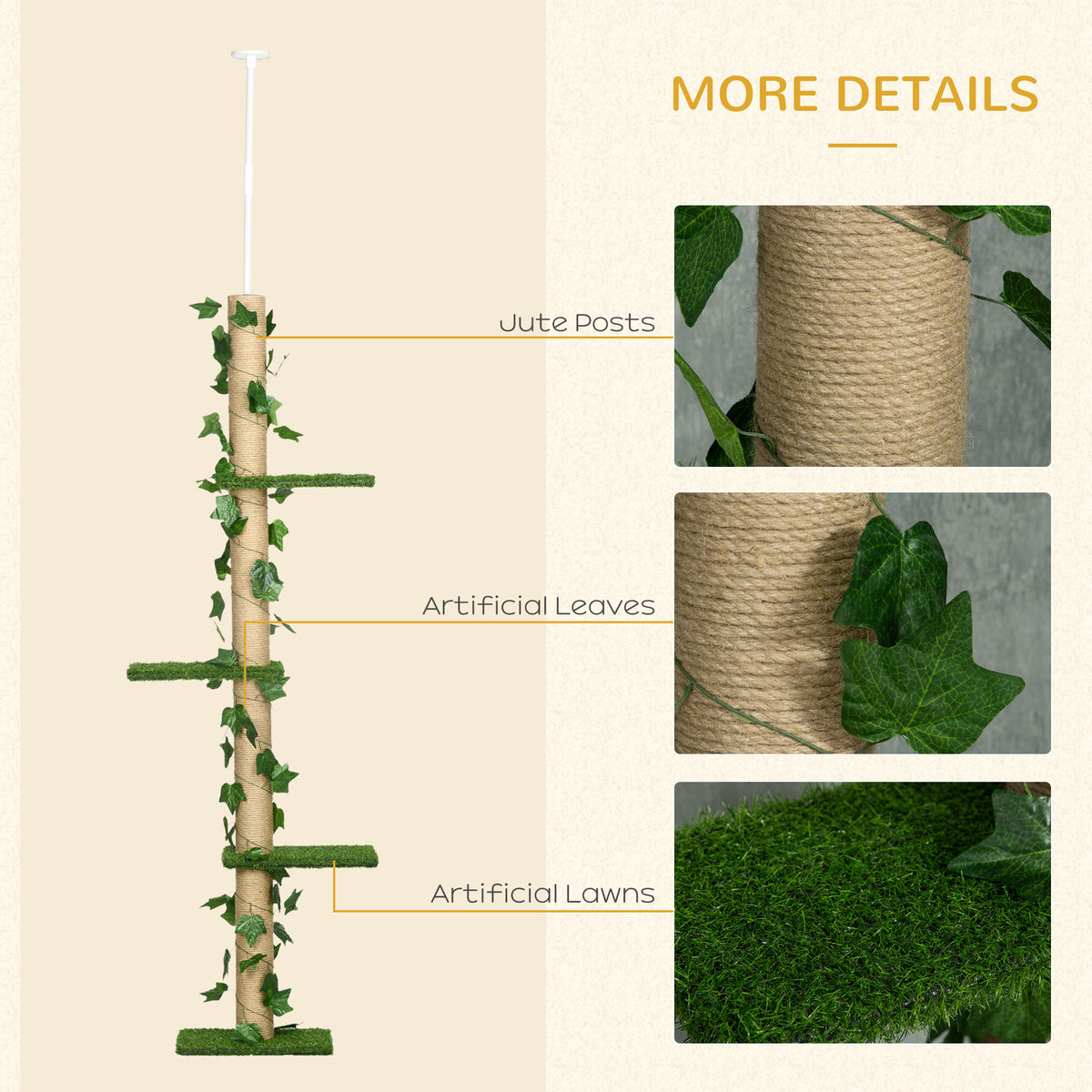 4-Tier Floor to Ceiling Cat Tree, Height(80-95Inches)Adjustable, Tall Cat Tower w/ Anti-Slip Kit, Leaves, Multi-Layer Activity Centre w/ Scratching Post