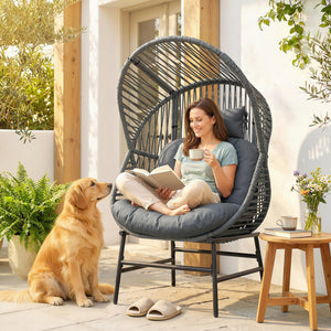 Wicker Egg Chair, 330 lbs Outdoor Rattan Lounge Chair with Thick Cushion, Headrest, Steel Frame, Dark Grey