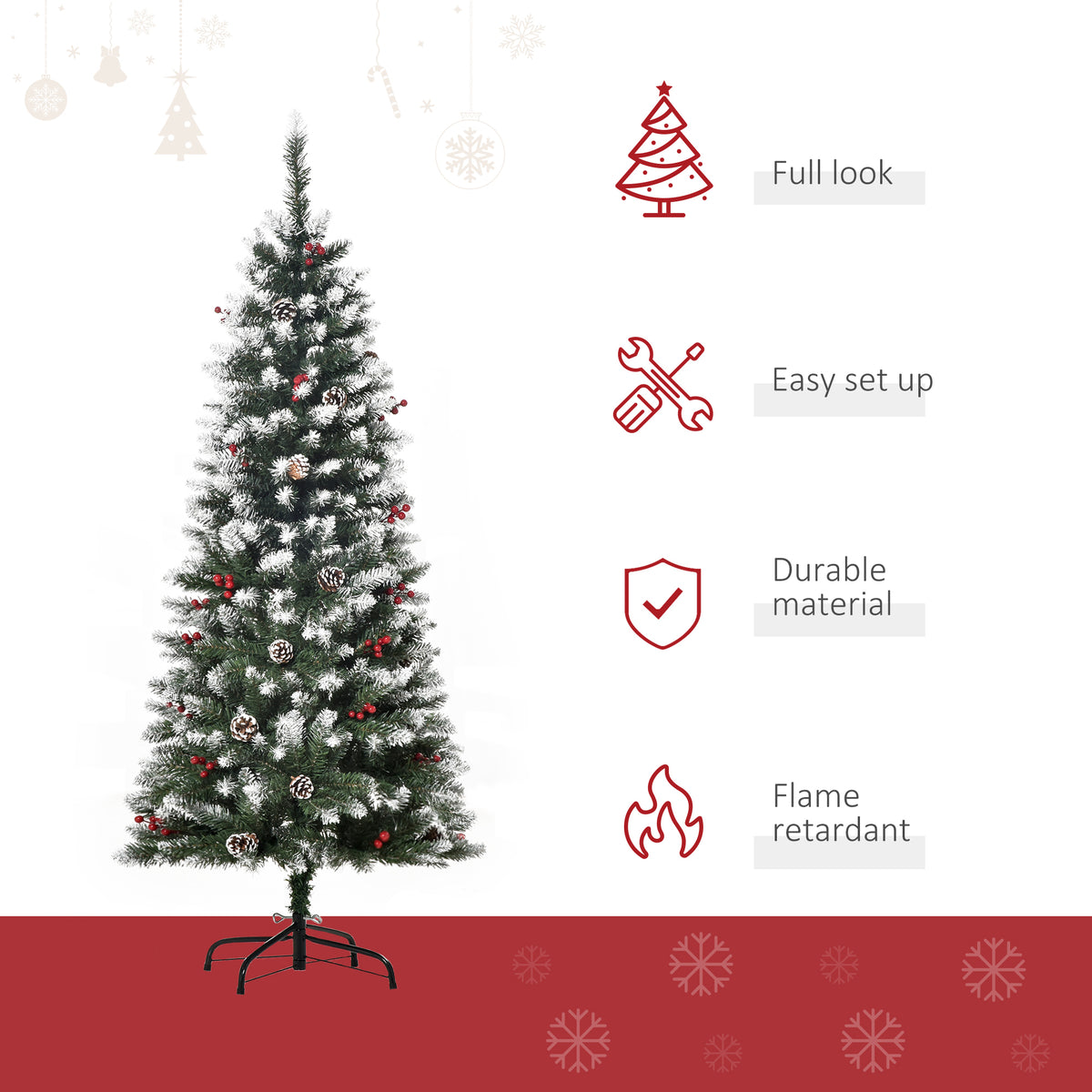 5ft Decorated Christmas Tree with Red Berries and Pine Cones, Flocked Christmas Tree with Pencil Shape – view 3