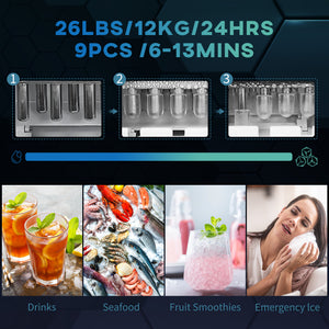 Portable Ice Maker, Self Cleaning Ice Machine with 9 Ice Cubes Ready in 6 Mins, 26lbs/24Hrs, 2 Sizes of Bullet Ice
