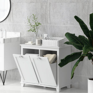 Tilt-Out Laundry Storage Cabinet, Bathroom Storage Organizer with Two-Compartment Tilt Out Hamper, White