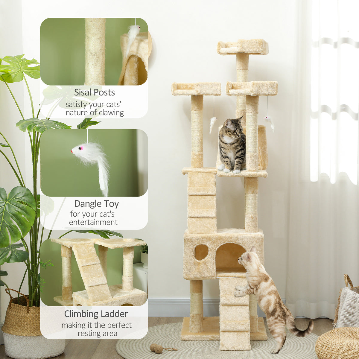 68-inch Multi-Level Cat Scratching Tree Kitty Activity Center Post Tower Condo Pet Furniture w/ Toy Beige – view 9
