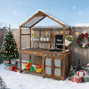 Kid's Mud Kitchen Outdoor Solid Wood Mud Kitchen with Canopy-Natural view 3