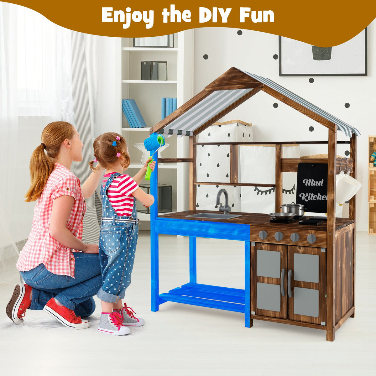 Kid's Mud Kitchen Outdoor Solid Wood Mud Kitchen with Canopy-Natural view 5